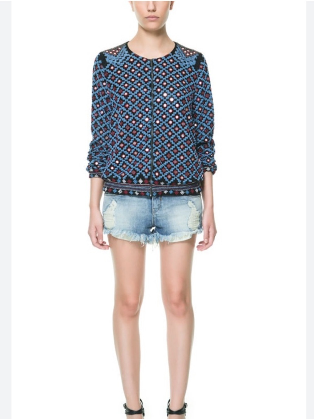 Zara mirror embroidered zipper jacket boho chic style size medium
